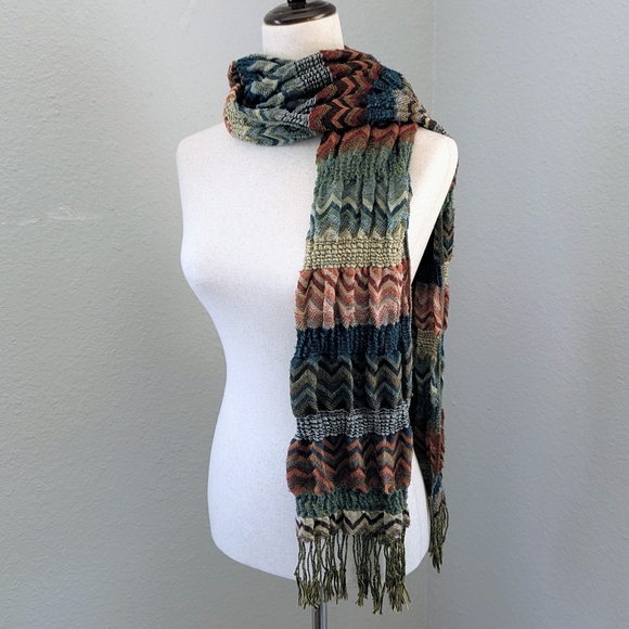 Chevron Knit Multicolor Fringe Scarf | Missoni-Style Zigzag | Boho Lightweight - Picture 2 of 9